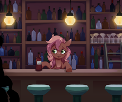 Size: 2000x1669 | Tagged: safe, artist:luxsimx, oc, oc only, oc:serenity nonpareil, pony, alcohol, bar, barstool, bartender, bottle, cup, cute, cute little fangs, drink, fangs, martini glass, silhouette, solo