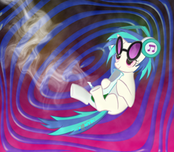 Size: 1378x1201 | Tagged: safe, artist:zomvik, dj pon-3, vinyl scratch, earth pony, pony, g4, abstract background, bloodshot eyes, blue mane, blue tail, bong, drug use, drugs, gradient background, high, hotbox, marijuana, pipe, psychedelic, puffy eyes, red eyes, smoking, solo, stoned, stoner, sunglasses, sunglasses on head, tail, trippy, two toned mane, two toned tail, white coat