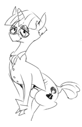 Size: 341x525 | Tagged: safe, artist:sunibee, stygian, pony, unicorn, g4, bags under eyes, black and white, clothes, glasses, grayscale, horn, lidded eyes, looking at you, male, monochrome, simple background, sitting, sketch, smiling, solo, stallion, tail, white background