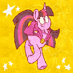 Size: 2000x2000 | Tagged: safe, alternate version, artist:atomicomium, part of a set, twilight sparkle, pony, unicorn, g4, alternate hairstyle, beard, cloak, clothes, facial hair, goatee, horn, nonbinary, nonbinary pride flag, pride, pride flag, pride flag pin, purple coat, purple mane, purple tail, screen printing, solo, strutting, tail, transmasculine, two toned mane