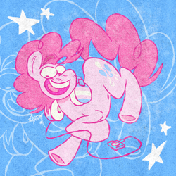 Size: 2000x2000 | Tagged: safe, alternate version, artist:atomicomium, part of a set, pinkie pie, earth pony, pony, g4, action pose, eyebrows, eyebrows visible through hair, facial hair, grin, headphones, moustache, mp3 player, pink coat, pink mane, pink tail, pride, pride flag, raised eyebrow, screen printing, signature, smiling, solo, tail, texture, transgender pride flag, transmasculine