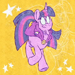 Size: 2000x2000 | Tagged: safe, alternate version, artist:atomicomium, part of a set, twilight sparkle, pony, unicorn, g4, alternate hairstyle, beard, cloak, clothes, facial hair, goatee, horn, nonbinary, nonbinary pride flag, pride, pride flag, pride flag pin, purple coat, purple mane, purple tail, screen printing, solo, strutting, tail, transmasculine, two toned mane