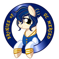 Size: 4000x4000 | Tagged: safe, artist:fannytastical, oc, oc only, oc:snooze button, earth pony, pony, g4, bronies of uc merced, clothes, colored, earth pony oc, eyebrows, eyebrows visible through hair, female, female oc, hair bun, jacket, logo, looking at you, mare, pony oc, simple background, smiling, smiling at you, solo, striped mane, transparent background, uc merced, university of california