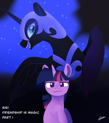 Size: 1500x1700 | Tagged: safe, artist:sion, nightmare moon, twilight sparkle, alicorn, pony, unicorn, friendship is magic, g4, bust, duo, duo female, evil smile, female, frown, horn, narrowed eyes, open mouth, open smile, sharp teeth, smiling, teeth, unicorn twilight