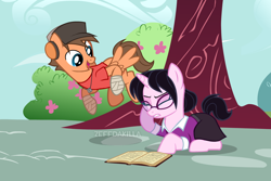 Size: 1500x1000 | Tagged: safe, artist:zeffdakilla, pegasus, pony, unicorn, book, bush, duo, flying, headache, horn, looking at someone, lying down, miss pauling, ponified, scout (tf2), smiling, team fortress 2, tree