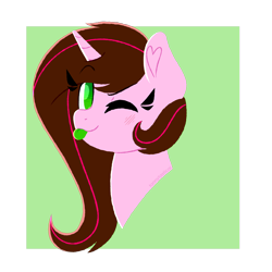 Size: 1750x1750 | Tagged: safe, artist:fannytastical, oc, pony, unicorn, ;p, blush lines, blushing, brown mane, bust, colored, commission, commissioner:cookiecakearts, detached eyelashes, female, female oc, flat colors, green tongue, horn, looking at you, mare, no pupils, one eye closed, pink coat, pixel-crisp art, portrait, solo, tongue out, unicorn oc, wink, winking at you