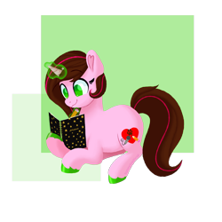 Size: 1750x1750 | Tagged: safe, artist:fannytastical, oc, oc only, pony, unicorn, book, brown mane, bust, colored, colored hooves, commission, commissioner:cookiecakearts, detached eyelashes, drawing, eyebrows, eyebrows visible through hair, female, female oc, full body, furry, glowing, glowing horn, green eyes, green hooves, heart cutiemark, holding a book, holding a pencil, hoof hold, hooves, horn, looking at you, lying down, magic, mare, microphone cutie mark, no pupils, paw cutie mark, pencil, pink coat, prone, shading, sketchbook, solo, telekinesis, unicorn oc