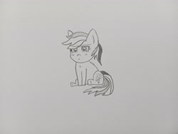 Size: 4080x3072 | Tagged: artist needed, safe, rainbow dash, pegasus, pony, g4, blushing, chibi, cute, drawing, monochrome, sketch, solo, traditional art