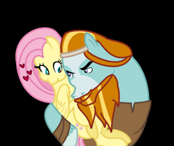 Size: 926x778 | Tagged: safe, artist:moonlightthegriffon, fluttershy, rockhoof, earth pony, pegasus, pony, g4, 1000 hours in ms paint, base used, black background, clothes, crack shipping, duo, duo male and female, female, folded wings, heart, holding, holding a pony, larger male, male, mare, rockshy, shipping, simple background, size difference, smaller female, stallion, straight, wings