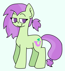 Size: 2165x2370 | Tagged: safe, artist:naggfruit, oc, oc only, oc:lavender charm, earth pony, pony, g4, colored, crack ship offspring, earth pony oc, eyelashes, female, female oc, flat colors, green coat, lidded eyes, mare, mare oc, no catchlights, no pupils, offspring, parent:marble pie, parent:trouble shoes, parents:marbleshoes, ponytail, purple eyes, purple mane, purple tail, raised eyebrows, simple background, smiling, smirk, solo, standing, tail, tied mane, tied tail, two toned mane, two toned tail