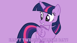 Size: 1920x1080 | Tagged: safe, artist:andoanimalia, edit, editor:jaredking779, twilight sparkle, alicorn, pony, g4, female, folded wings, grin, happy, mare, purple background, simple background, smiling, solo, standing, twilight sparkle (alicorn), twilight sparkle day, wings