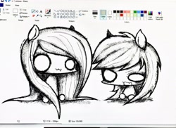 Size: 4032x2935 | Tagged: safe, artist:ieatedyuripizza, fluttershy, rainbow dash, pegasus, pony, g4, art program in frame, chibi, duo, duo female, emo, emodash, emoshy, female, monochrome, ms paint, owo, sketch, smiling