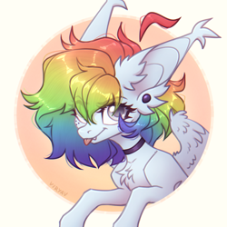 Size: 2802x2802 | Tagged: safe, artist:viryav, oc, oc only, oc:virus yoru, oc:virya, pegasus, pony, ahoge, big ears, big eyes, blue coat, chest fluff, choker, circle background, colored pupils, cute, cute little fangs, ear fluff, ear piercing, earring, eye clipping through hair, eyebrows, eyebrows visible through hair, fangs, female, fluffy, fluffy mane, freckles, gauges, gray eyes, gray pupils, happy, jewelry, light blue coat, looking at you, mare, multicolored hair, not rainbow dash, partially open wings, piercing, rainbow hair, shiny mane, simple background, sketch, slender, smiling, smiling at you, solo, tall ears, thick eyelashes, thin, thin legs, tongue out, wing fluff, wings