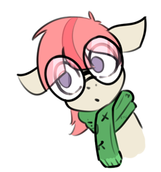 Size: 415x444 | Tagged: safe, artist:maydeospeg, oc, oc only, oc:spritz, earth pony, pony, bust, clothes, colored, colt, cream coat, earth pony oc, floppy ears, foal, glasses, green scarf, looking away, male, male oc, nerd pony, no catchlights, no pupils, open mouth, pink mane, portrait, round glasses, scarf, simple background, solo, two toned mane, white background