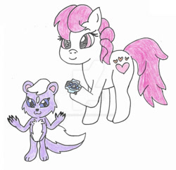 Size: 910x878 | Tagged: safe, artist:lavender-skunk, sweetheart, earth pony, pony, skunk, g1, my little pony tales, digimon, hoof hold, mephitimon, simple background, traditional art, white background