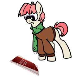 Size: 473x494 | Tagged: artist needed, safe, oc, oc only, oc:spritz, earth pony, pony, book, brown sweater, clothes, colored, colt, communist manifesto, cropped, doodle, earth pony oc, flat colors, foal, glasses, green scarf, looking at book, male, male oc, nerd pony, scarf, simple background, solo, sweater, this will end in communism, white background