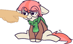 Size: 598x360 | Tagged: safe, artist:mt, edit, editor:anonymous, oc, oc only, oc:spritz, earth pony, human, pony, boop, boop edit, brown sweater, clothes, colored, colt, cropped, duo, earth pony oc, finger, foal, glasses, green scarf, hand, male, male oc, nerd pony, sad, scarf, simple background, sweater, transparent background