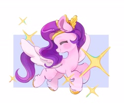 Size: 1899x1641 | Tagged: safe, artist:chonpsk, pipp petals, pegasus, pony, g5, adorapipp, crown, cute, eyes closed, female, flying, jewelry, looking back, mare, passepartout, regalia, smiling, solo, sparkles, spread wings, wings