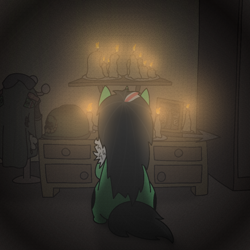 Size: 1000x1000 | Tagged: safe, artist:hach, oc, oc only, oc:terek flow, pony, unicorn, both cutie marks, cabinet, candle, candlelight, chechen republic of ichkeria, chechnya, clothes, coat, drawer, facing away, female, framed picture, hat, hat off, helmet, horn, mare, memorial, mourning, nation ponies, papakha, patch, photo, ponified, sitting, solo, spear, war, weapon