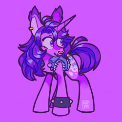 Size: 1280x1280 | Tagged: safe, artist:pastacrylic, oc, oc only, pony, unicorn, ahoge, chest fluff, clothes, colored ear tufts, colored pinnae, commission, denim, denim jacket, ear piercing, ear tufts, earring, horn, jacket, jewelry, lip piercing, long horn, multicolored eyes, nose piercing, piercing, pride, pride flag, purple coat, purple mane, purple pupils, purple tail, septum piercing, shiny horn, shiny mane, shiny tail, signature, smiling, solo, spiked wristband, standing, tail, tall ears, transgender pride flag, unicorn oc, wristband