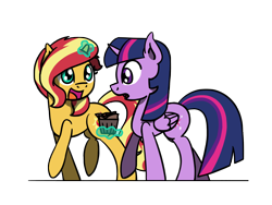 Size: 1800x1350 | Tagged: safe, artist:flutterluv, sunset shimmer, twilight sparkle, alicorn, pony, unicorn, g4, duo, duo female, female, food, horn, magic, magic aura, simple background, smiling, telekinesis, transparent background, twilight sparkle (alicorn), twilight sparkle day