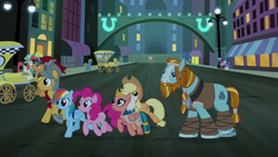 Size: 1280x720 | Tagged: safe, screencap, applejack, berry preppy, colton john, crimson cream, fashion statement, flash magnus, lemon chiffon, levon song, lucky breaks, mare e. belle, neigh sayer, perfect pace, pinkie pie, rainbow dash, rivet, rockhoof, somnambula, g4, shadow play, egyptian, egyptian headdress, egyptian pony, manehattan