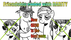 Size: 1200x675 | Tagged: safe, artist:pony-berserker, rainbow dash, rarity, oc, oc:berzie, changedling, changeling, pony-berserker's twitter sketches, g4, changedling oc, changeling oc, friendship ended with x, meme reference, partial color, pony-berserker's twitter sketches (2024)