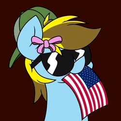 Size: 2046x2048 | Tagged: safe, artist:derpyalex2, oc, oc only, oc:lucky bolt, pegasus, pony, 20% cooler, american flag, american independence day, backwards ballcap, baseball cap, bow, bust, cap, commission, cool, female, flag, hair bow, hat, portrait, proud, simple background, solo, sunglasses, united states