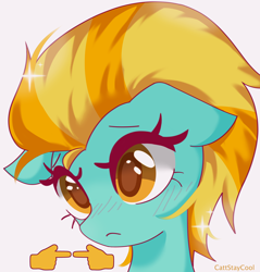 Size: 3682x3850 | Tagged: safe, artist:cattstaycool, lightning dust, pegasus, pony, g4, blush lines, blushing, bust, cute, dustabetes, emoji, female, fingers together, floppy ears, mare, portrait, shiny mane, simple background, solo, teal coat, two toned mane, white background