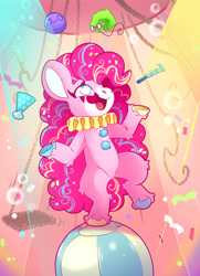 Size: 4226x5852 | Tagged: safe, artist:cutepencilcase, pinkie pie, earth pony, pony, g4, absurd resolution, ball, bubble, clown, clown makeup, female, happy, juggling, mare, open mouth, open smile, smiling, solo, standing, standing on one leg, underhoof, unshorn fetlocks