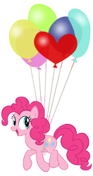 Size: 3000x5700 | Tagged: safe, artist:ohitison, pinkie pie, earth pony, pony, g4, it's about time, balloon, female, floating, heart, heart balloon, looking to the right, mare, open mouth, simple background, solo, then watch her balloons lift her up to the sky, transparent background, vector