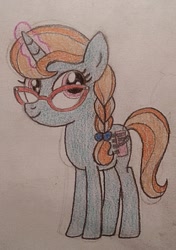 Size: 837x1192 | Tagged: safe, artist:jebens1, bright eyes, pony, unicorn, g1, g4, my little pony tales, braid, female, g1 to g4, generation leap, glasses, glowing, glowing horn, hairband, horn, looking back, simple background, solo, traditional art, white background