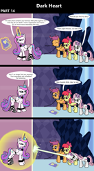 Size: 1920x3516 | Tagged: safe, artist:platinumdrop, apple bloom, princess flurry heart, scootaloo, sweetie belle, alicorn, earth pony, pegasus, pony, unicorn, comic:dark heart, g4, 3 panel comic, abuse, alternate timeline, angry, applebuse, armor, blast, book, chains, collar, comic, commission, crystal, crystal castle, crystal empire, cutie mark crusaders, dark crystal, defiant, determined, dialogue, diary, evil flurry heart, eyes closed, female, flurry heart is amused, folded wings, force field, glowing, glowing horn, horn, indoors, looking at each other, looking at someone, magic, magic beam, magic blast, mare, older, older apple bloom, older cmc, older flurry heart, older scootaloo, older sweetie belle, onomatopoeia, raspberry, raspberry noise, scootabuse, slave, slave collar, smiling, smug, smug smile, speech bubble, spiked collar, spiked wristband, sweetiebuse, throne room, tongue out, victorious villain, walking, wall of tags, wings, wristband, yelling