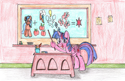 Size: 1600x1038 | Tagged: safe, artist:fleximusprime, twilight sparkle, alicorn, g4, chalkboard, classroom, solo, traditional art, twilight sparkle (alicorn)