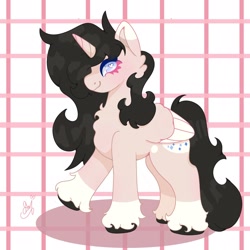 Size: 2048x2048 | Tagged: safe, artist:honeystash, oc, oc only, oc:bejewelled clouddust, alicorn, pony, g4, abstract background, alicorn oc, black hair, blue eyes, blushing, chest fluff, cream coat, fetlock tuft, full body, gift art, hooves, horn, ponysona, solo, wings