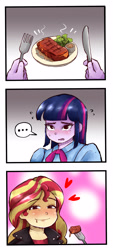 Size: 1435x3184 | Tagged: safe, artist:chinmissouri, sunset shimmer, twilight sparkle, human, equestria girls, g4, ..., comic, floating heart, food, heart, meat, omnivore sunset