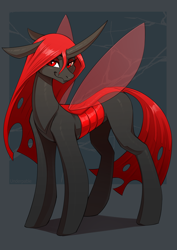 Size: 2480x3508 | Tagged: safe, artist:underpable, oc, oc only, oc:queen pentax, changeling, changeling queen, carapace, changeling oc, changeling queen oc, changeling wings, concave belly, curved horn, ears back, female, gray coat, holeless, horn, looking at you, quadrupedal, red changeling, red eyes, red mane, red tail, red wings, slender, smiling, smirk, solo, spread wings, standing, tail, thin, three quarter view, turned head, wings