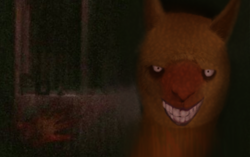 Size: 2278x1434 | Tagged: safe, artist:hitsuji, edit, paprika (tfh), alpaca, them's fightin' herds, community related, creepy, creepy smile, creepypasta, looking at you, photo, photo manipulation, smile dog, smiling, solo