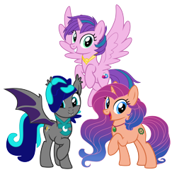 Size: 5000x5000 | Tagged: safe, edit, editor:awesomegamergame, oc, oc only, oc:meadow bell, oc:midnight storm, oc:rosey beam, alicorn, bat pony, pony, unicorn, g4, absurd resolution, alicorn oc, bat ears, bat pony oc, bat wings, blue eyes, blue mane, blue tail, colored wings, cute, ear tufts, eyelashes, fangs, female, female oc, flying, gradient mane, gradient tail, gray coat, group, group photo, happy, horn, jewelry, large wings, looking at you, male, male oc, mare, mare oc, multicolored hair, necklace, open mouth, open smile, orange coat, pendant, peytral, pink coat, raised hoof, show accurate, simple background, smiling, smiling at you, spiky mane, spiky tail, spread wings, standing, standing on three hooves, striped mane, striped tail, tail, transparent background, trio, trio female, two toned mane, two toned tail, two toned wings, unicorn oc, vector, vector trace, wall of tags, wavy mane, wavy tail, wings