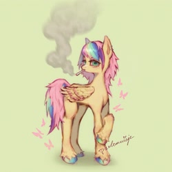 Size: 2819x2819 | Tagged: safe, artist:p1elemuisje, fluttershy, butterfly, pegasus, pony, g4, alternate hairstyle, cigarette, colored hooves, colored wings, drugs, ear piercing, flutterhigh, folded wings, hair over one eye, high, hooves, joint, looking at you, marijuana, multicolored hair, multicolored hooves, multicolored mane, multicolored tail, piercing, pink hair, pipe, rainbow hair, rainbow hooves, red eyes, scene, scene hair, scene kid, smoke, smoking, solo, stoned, tail, two toned wings, wings, yellow coat