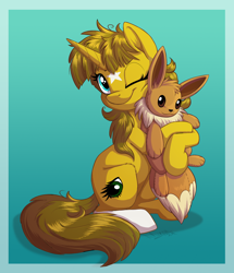 Size: 1216x1414 | Tagged: safe, artist:sirzi, oc, oc only, oc:ayza, eevee, pony, unicorn, gradient background, horn, one eye closed, passepartout, plushie, pokémon, smiling, solo, unicorn oc