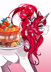 Size: 1516x2144 | Tagged: safe, artist:krissstudios, artist:shamy-crist, oc, oc only, oc:yuko, pony, unicorn, cake, female, food, gradient background, horn, mare, solo