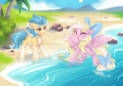 Size: 1920x1344 | Tagged: artist needed, safe, oc, oc only, oc:bay breeze, oc:sea biscuit, earth pony, pegasus, beach, bow, cute, duo, duo male and female, earth pony oc, eyes closed, female, hair bow, male, mare, ocean, palm tree, pegasus oc, stallion, tail, tail bow, tree, water