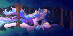 Size: 4063x2000 | Tagged: safe, artist:jsunlight, idw, king sombra, princess celestia, alicorn, pony, unicorn, g4, reflections, spoiler:comic, cheek kiss, crown, duo, duo male and female, eyes closed, female, flowing mane, folded wings, forest, good king sombra, horn, jewelry, kissing, male, nature, open mouth, redraw, regalia, scene interpretation, ship:celestibra, shipping, straight, tree, wings