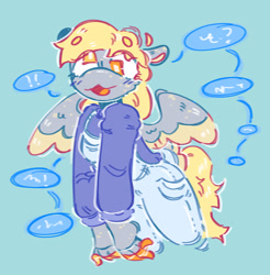 Size: 1329x1352 | Tagged: safe, artist:tottallytoby, derpy hooves, pegasus, anthro, g4, :3, alternate design, beanbrows, blonde mane, blonde tail, blue background, blush lines, blushing, clothes, colored eyebrows, colored hooves, colored pinnae, colored wings, colored wingtips, commission, denim, derp, doodle, ear freckles, exclamation point, eye clipping through hair, eyebrows, eyebrows visible through hair, eyelashes, female, finger hooves, floppy ears, freckles, gray coat, hand freckles, heterochromia, hooves, long sleeves, long tail, mare, open mouth, open smile, overalls, shiny mane, shiny tail, simple background, smiling, solo, speech bubble, spread wings, sweater, tail, turtleneck, turtleneck sweater, two toned wings, white pupils, wing freckles, wings, yellow hooves, yellow wingtips