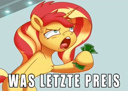 Size: 2048x1448 | Tagged: safe, artist:bluishdraft, sunset shimmer, pony, unicorn, g4, concave belly, female, german, horn, mare, meme, ponified meme, shut up and take my money, solo, was letzte preis