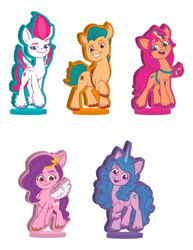 Size: 385x500 | Tagged: safe, hitch trailblazer, izzy moonbow, pipp petals, sunny starscout, zipp storm, earth pony, pegasus, pony, unicorn, g5, official, brazil, horn, looking at you, mane five, mane stripe sunny, simple background, smiling, smiling at you, standing, toy, white background