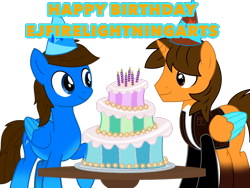 Size: 1024x768 | Tagged: safe, artist:bluemario11, oc, oc only, oc:blue thunder, oc:ej, alicorn, pegasus, pony, g4, alicorn oc, birthday cake, cake, duo, food, happy birthday, horn, male, simple background, transparent background, wings