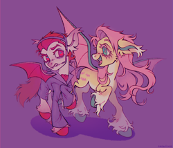 Size: 1619x1383 | Tagged: safe, artist:emobricosss, part of a set, fluttershy, bat pony, pony, undead, vampire, vampony, g4, alternate design, alternate eye color, bags under eyes, bat ponified, big ears, blushing, cheek fluff, clothes, coat, coat markings, colored belly, colored eartips, colored eyebrows, colored eyelashes, colored hooves, colored pinnae, colored wings, countershading, crossover, cute, duo, duo male and female, ear fluff, ear tufts, facial markings, fangs, female, fetlock tuft, flutterbat, freckles, frown, gradient ears, hooves, long description, long tail, male, mare, mighty mighty monsters, open mouth, open smile, orthodontic headgear, pale belly, pink eyelashes, pink mane, pink tail, ponified, popped collar, purple background, purple eyes, race swap, raised hoof, raised leg, red eyelashes, red hooves, red mane, red tail, running, shadow, shirt, short mane, shyabetes, simple background, smiling, snip (coat marking), socks (coat markings), spiky mane, spiky tail, spread wings, standing, standing on one leg, standing on two hooves, tail, teal eyes, teal hooves, teenager, two toned wings, vlad (mighty mighty monsters), wall of tags, white belly, white coat, white pupils, wings, yellow coat