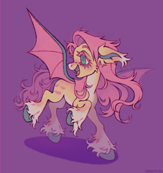 Size: 1300x1383 | Tagged: safe, artist:emobricosss, part of a set, fluttershy, bat pony, pony, g4, alternate design, alternate eye color, bat ponified, big ears, blushing, cheek fluff, coat markings, colored belly, colored eartips, colored eyebrows, colored eyelashes, colored hooves, colored pinnae, colored wings, countershading, cute, ear fluff, facial markings, fangs, female, flutterbat, hooves, long description, mare, open mouth, open smile, pale belly, pink eyelashes, pink mane, pink tail, purple background, race swap, raised hoof, raised leg, running, shadow, shyabetes, simple background, smiling, snip (coat marking), socks (coat markings), solo, spiky mane, spiky tail, spread wings, standing, standing on one leg, tail, teal eyes, teal hooves, two toned wings, white belly, white pupils, wings, yellow coat